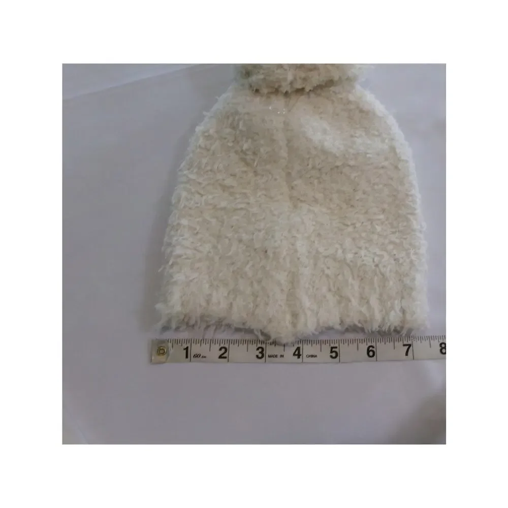 Lemon Cozy & Warm Womens Fuzzy Pom Beanie Ivory Cream Plush Knit Hat NWT